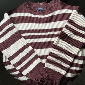 Daytrip distressed Burgundy brown and Cream Striped Sweater